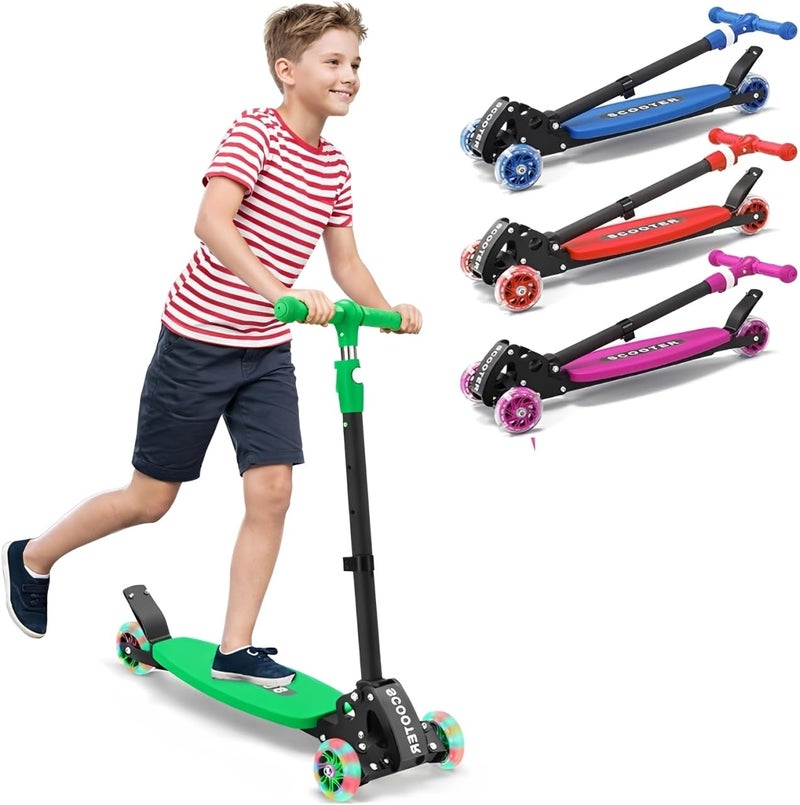 Wefaith 3 Wheel Kick Scooters for Kids 5-8 8-12, Easy Lean to Steer, Light-Up Wheels, Adjustable Handlebar (27"â€“33"), Wide Anti-Slip Deck, Foldable Scooter for Boys & Girls Ages 4+ (Green) - Image 1