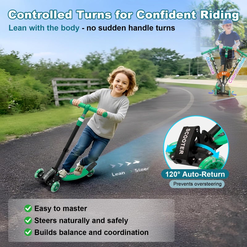 Wefaith 3 Wheel Kick Scooters for Kids 5-8 8-12, Easy Lean to Steer, Light-Up Wheels, Adjustable Handlebar (27"â€“33"), Wide Anti-Slip Deck, Foldable Scooter for Boys & Girls Ages 4+ (Green) - Image 3