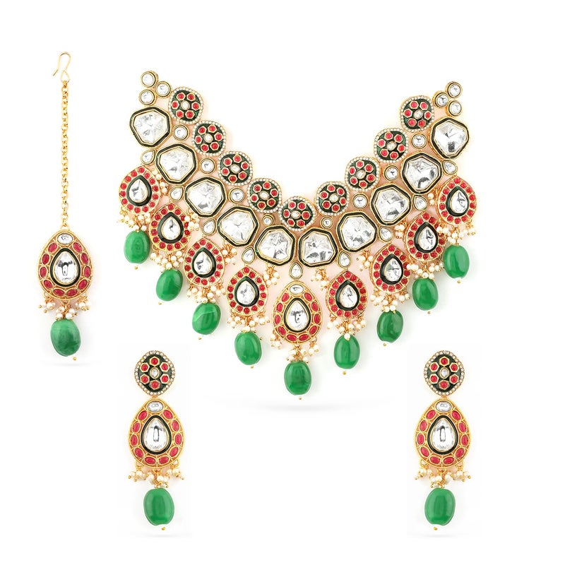 Rubans Necklace Set Kundan Gold Plated Ruby Green Beaded Bridal Choker Gift for Women and Girls Wedding Jewellery - Image 5