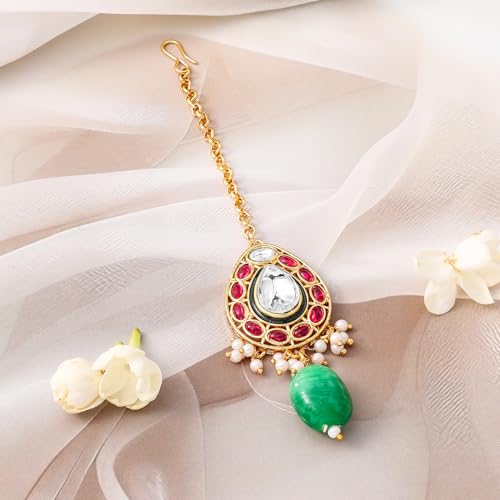 Rubans Necklace Set Kundan Gold Plated Ruby Green Beaded Bridal Choker Gift for Women and Girls Wedding Jewellery - Image 4
