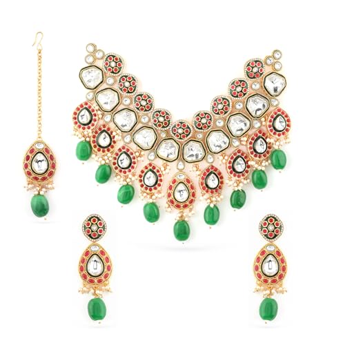 Rubans Necklace Set Kundan Gold Plated Ruby Green Beaded Bridal Choker Gift for Women and Girls Wedding Jewellery - Image 1