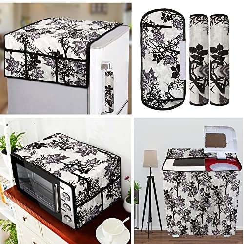 E-Retailer® Exclusive 3-Layered Polyester Combo Set of Appliances Cover (1 Pc. Fridge Top Cover, 3 Pc. Handle Cover, 1 Pc. of Microwave Oven Top Cover and 1 Pc. Semi Automatic Washing Machine Cover) (Black, Design-Floral, Set Contains-6 Pcs.) - Image 1