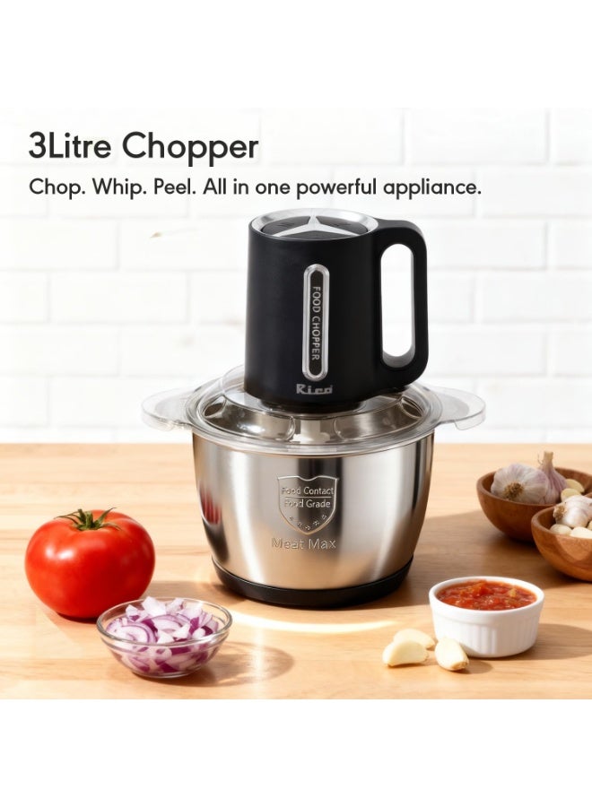 Rico 3 Ltr Electric Chopper | Vegetable Cutter | Garlic Peeler | Meat Mincer & Whipper | 4-in-1 | Stainless Steel Bowl | 4 SS Blades | 3 Speed Control | Heavy Duty | 1 Year Warranty | Indian Kitchens - Image 5