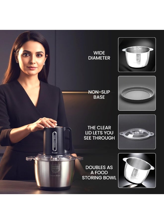 Rico 3 Ltr Electric Chopper | Vegetable Cutter | Garlic Peeler | Meat Mincer & Whipper | 4-in-1 | Stainless Steel Bowl | 4 SS Blades | 3 Speed Control | Heavy Duty | 1 Year Warranty | Indian Kitchens - Image 4