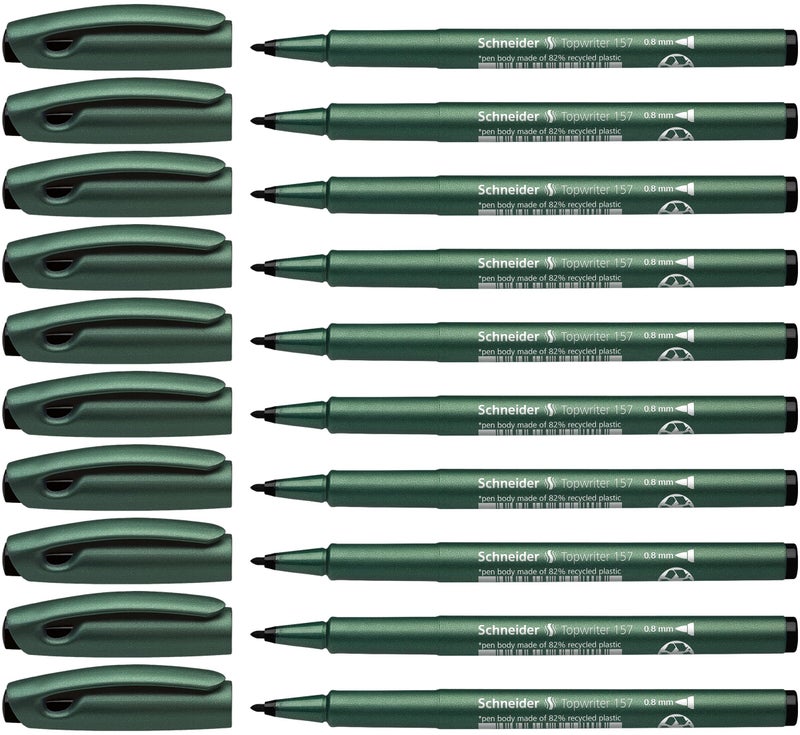 Schneider Topwriter 157 Fiber Tip Pen, 0.8 mm, Green Barrel, Black Ink, Box of 10 Pens (115701) - Image 1