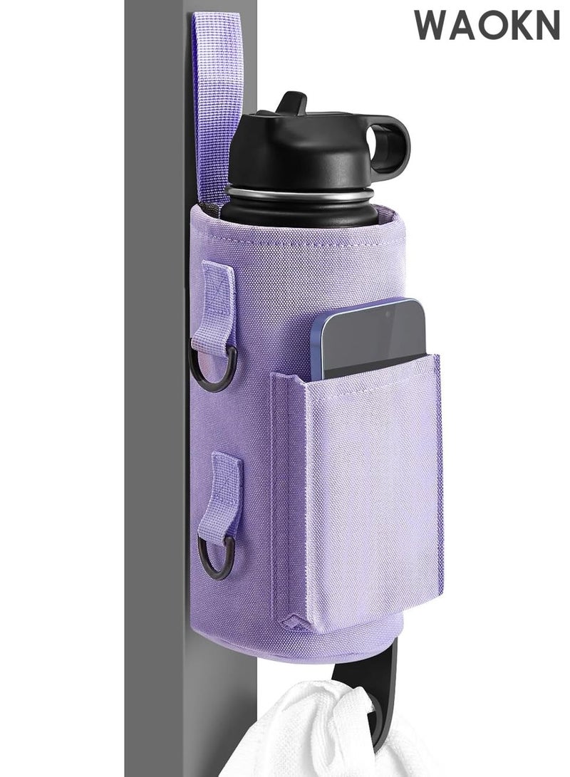 WAOKN Magnetic Water Bottle Holder Gym Water Bottle Carrier Bag with Phone Pocket Water Bottle Pouch Sleeve with Silicone Towel Buckle and Sling for Men Women Gym Accessories Organizer for Gym, Travel-Equipped with 6 magnets and silicone buckle（Purple） - Image 1