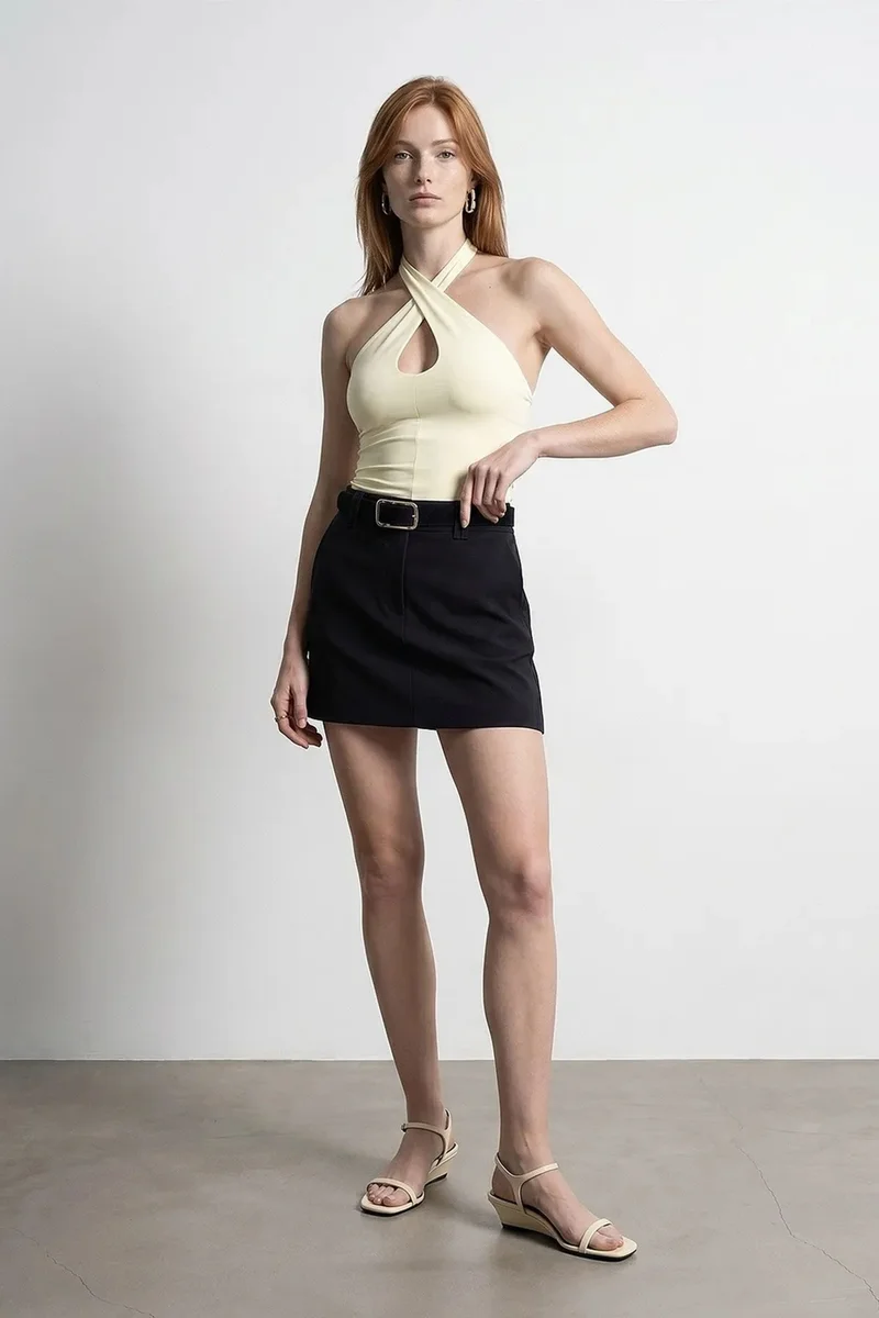 Dilvin Lemon Yellow DILVIN Women’s Halter Crop Top With Cut-out Detail for Women | Best Price UAE