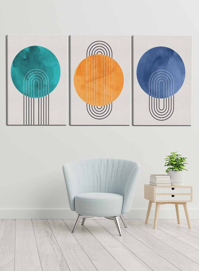 لوحة طقم من ٣ لوحات كانفاس على إطار خشبي، تصميم دوائر ملونة وخطوط منحنية، للمنزل، غرفة المعيشة، المكتب، الديكور - Image 2
