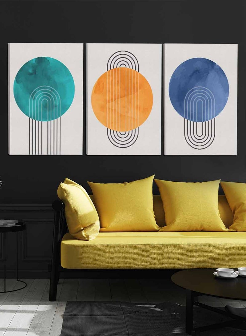 لوحة طقم من ٣ لوحات كانفاس على إطار خشبي، تصميم دوائر ملونة وخطوط منحنية، للمنزل، غرفة المعيشة، المكتب، الديكور - Image 3
