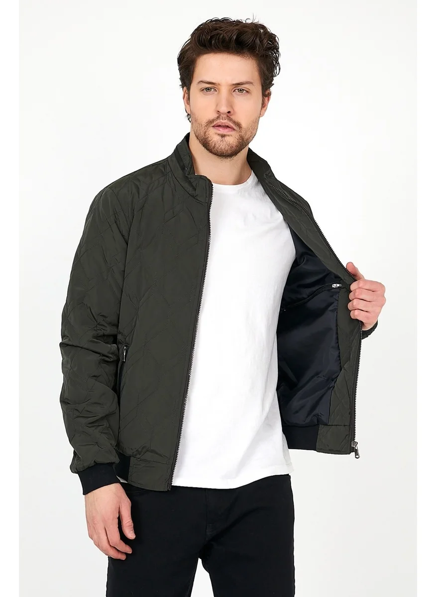 Sivaist Men's Green Seasonal Knitwear and Leather Piping Detailed Zippered Inside Pocket Coat & Jacket