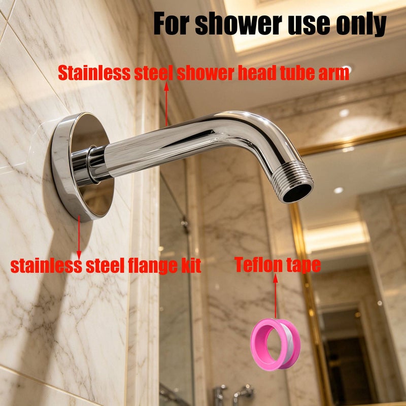 Bathroom Essential 5.91 Inch Shower Arm Set 304 Stainless Steel Shower Head Tube Arm With Flange Kit And Teflon Tape For Fixed And Handheld Shower Head Extension Bar - Image 2