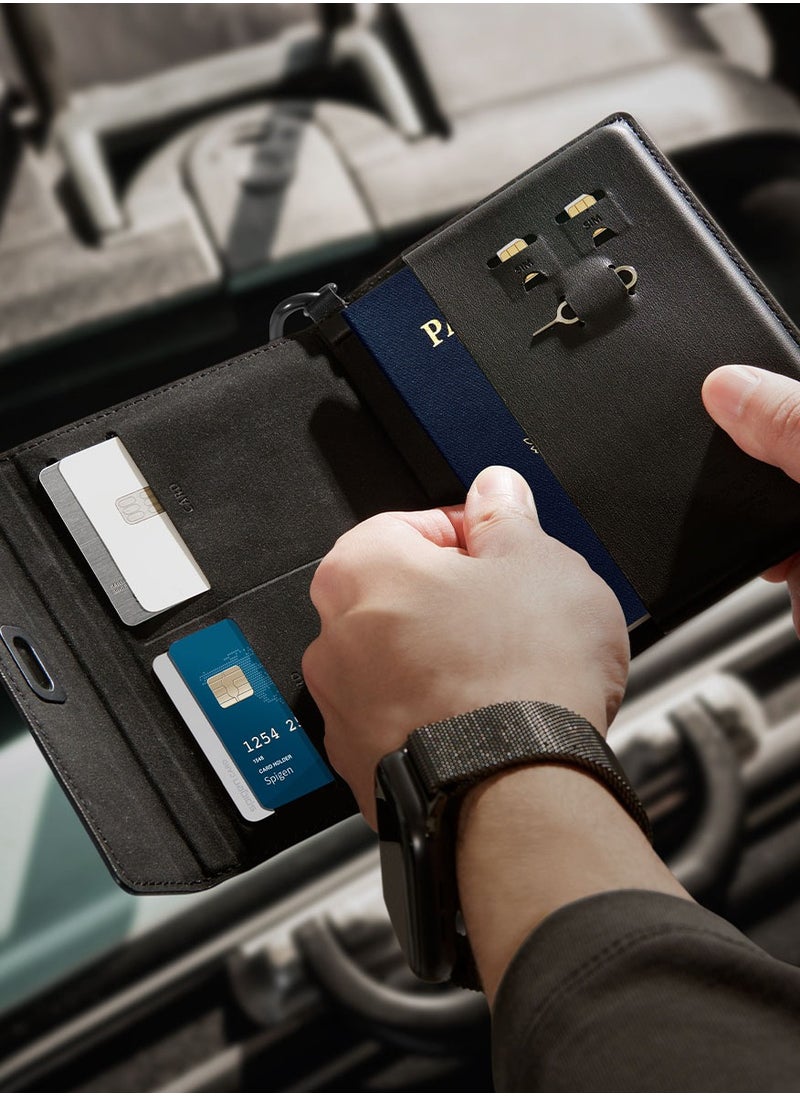 Spigen - Passport Cover Holder Card Wallet Travel Documents Organizer Protector Accessories with RFID Blocking Technology SIM Card Pin Included - Black - Image 1