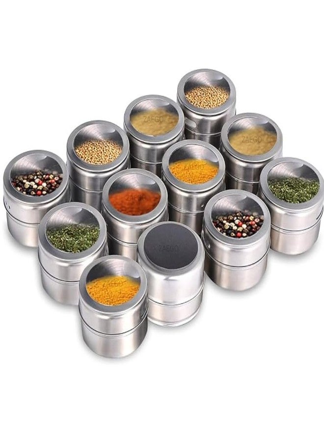 VEDHAK 12 Pcs Magnetic Masala Rack, Spice Tins Seasoning Organizer Kitchen Cooking Wall Mounted Seasoning Condiment Refrigerator & Cabinet Storage Stainless Steel Containers. [12 Pcs] - Image 1