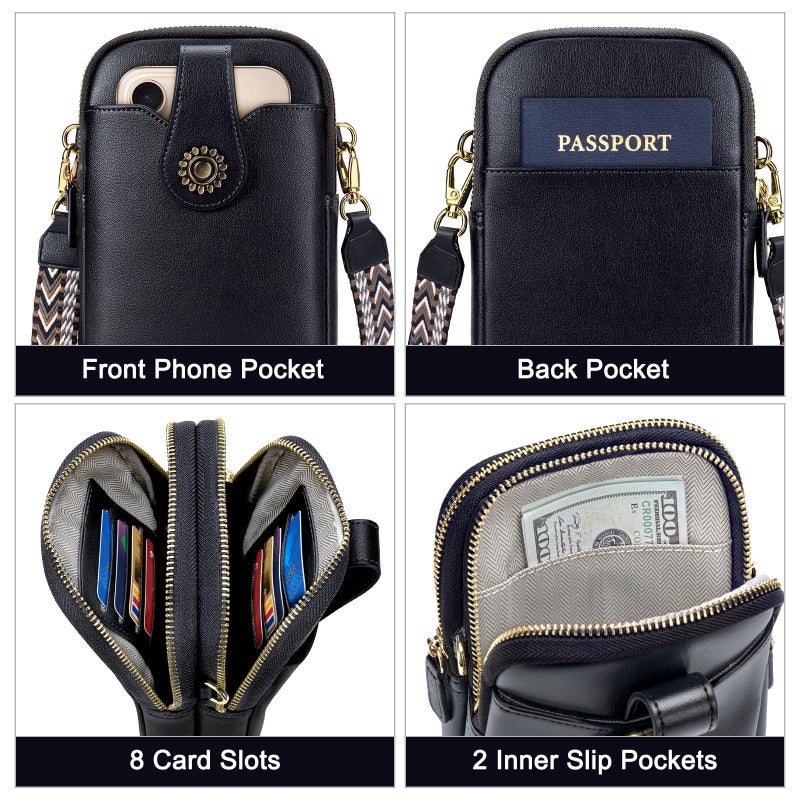 PEACOCKTION Peacocktion Crossbody Cell Phone Bag for Women, Small Leather Shoulder Handbag Purse with Credit Card Slots, Black 02  - Image 4