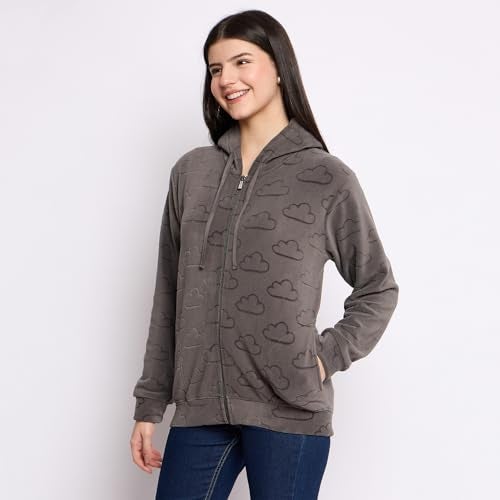 CAMEY Women's Fleece Hoodie Sweatshirt, Full Sleeve, Zipper Front, Auli Laser Cut Pattern, Winter Wear (in, Alpha, M, Regular, Dark Grey) - Image 3