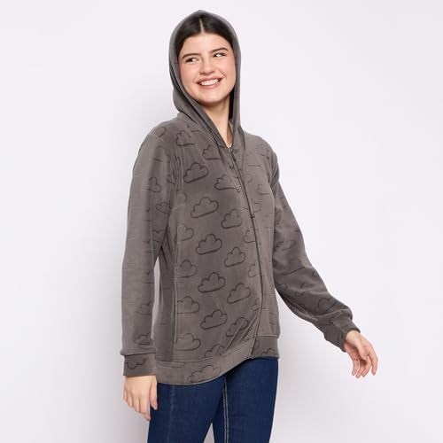 CAMEY Women's Fleece Hoodie Sweatshirt, Full Sleeve, Zipper Front, Auli Laser Cut Pattern, Winter Wear (in, Alpha, M, Regular, Dark Grey) - Image 4