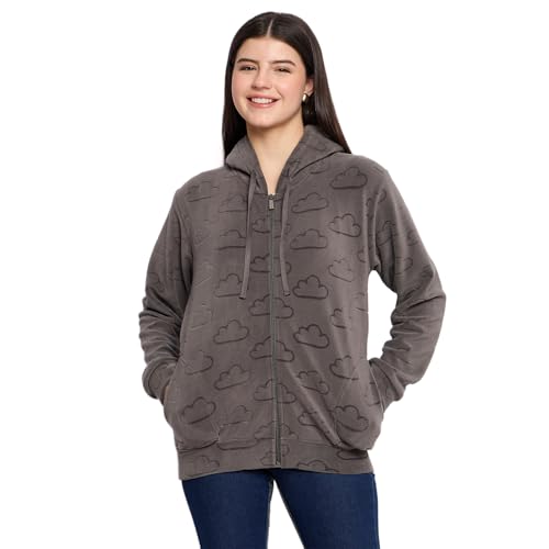 CAMEY Women's Fleece Hoodie Sweatshirt, Full Sleeve, Zipper Front, Auli Laser Cut Pattern, Winter Wear (in, Alpha, M, Regular, Dark Grey) - Image 1