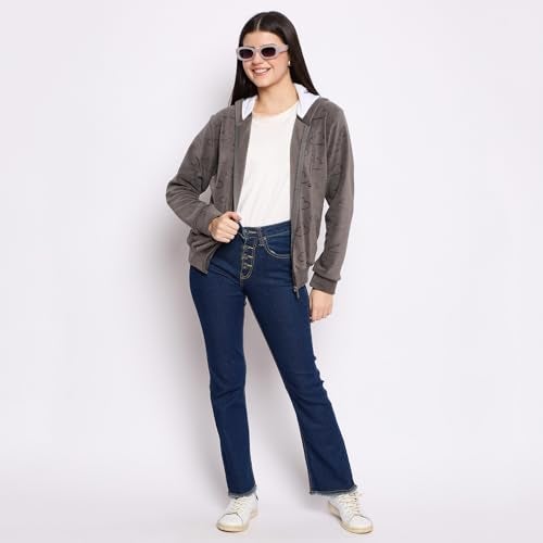 CAMEY Women's Fleece Hoodie Sweatshirt, Full Sleeve, Zipper Front, Auli Laser Cut Pattern, Winter Wear (in, Alpha, M, Regular, Dark Grey) - Image 2