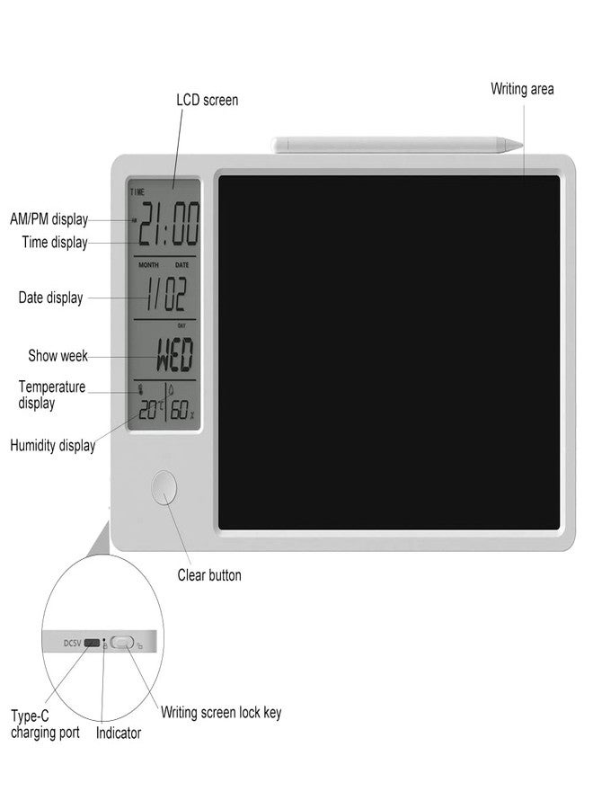 JSJGETYI Electronic Desktop Calendar Rechargeable Writing Notepad with Digital Clock Date Time Week Indoor Temperature Display 9.5inch Drawing Pad for Office Home Business(White) - Image 4