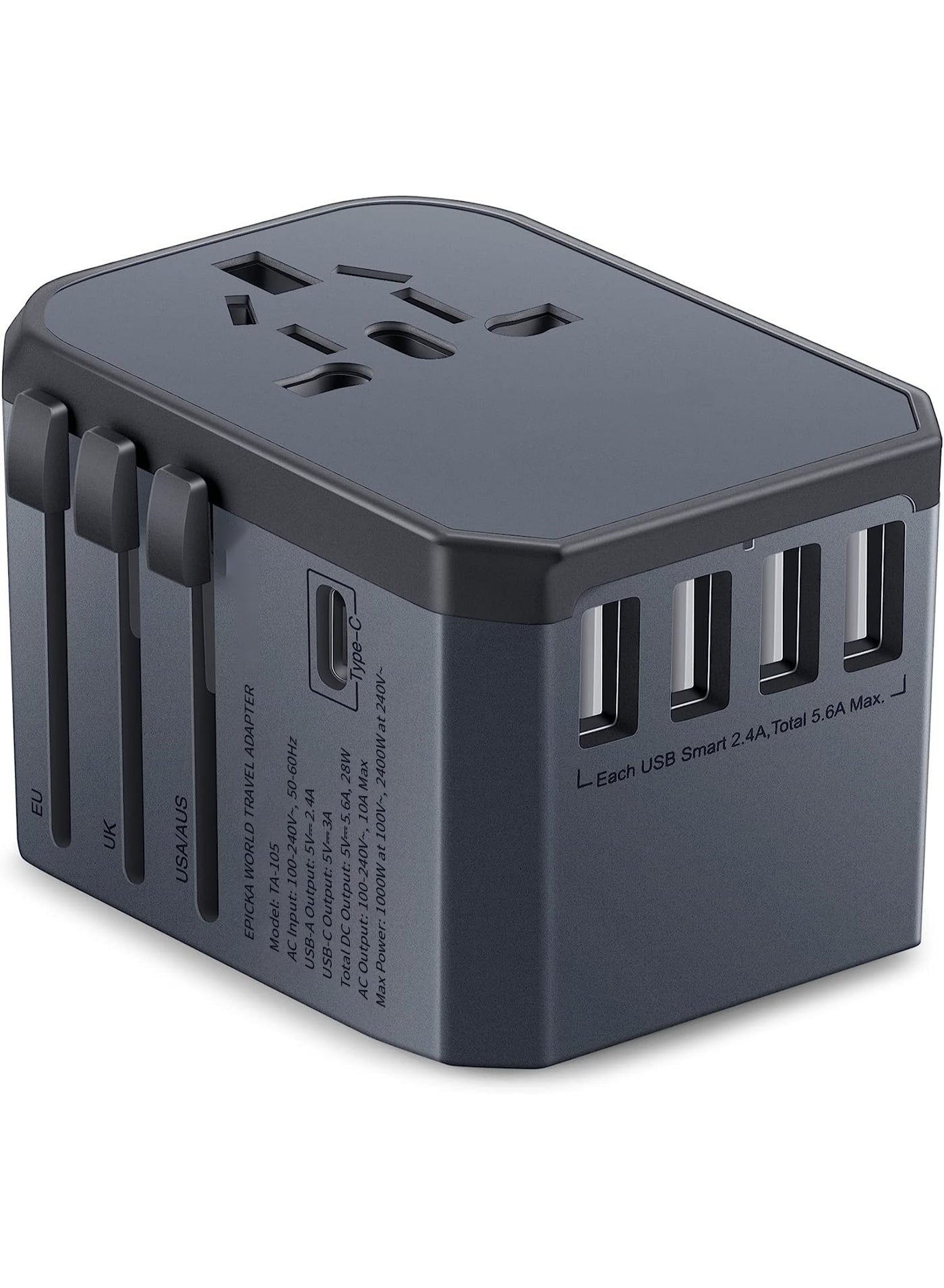 محول سفر عالمي، محول قابس سفر أوروبي - شاحن محول طاقة دولي مع منفذ USB-C و 4 منافذ USB، من أساسيات السفر لإيطاليا، اليابان، أوروبا...