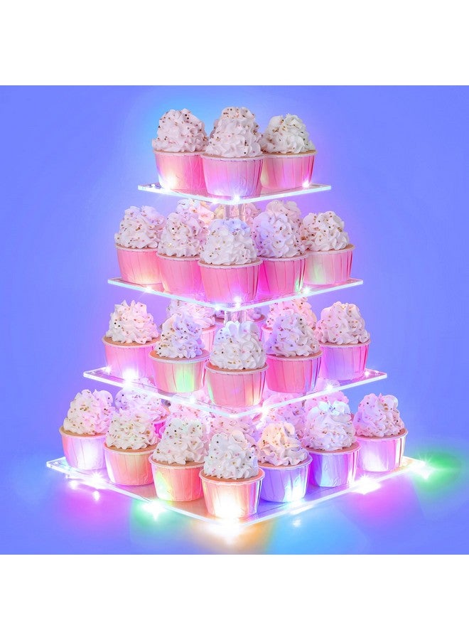 Suneerplay 4 Tier Cupcake Stand with LED String Light, Acrylic Cupcake Display Stand, Square Cupcake Tower Holder, Cup Cake Stand for Birthday, Wedding, Baby Shower, Party - Image 1