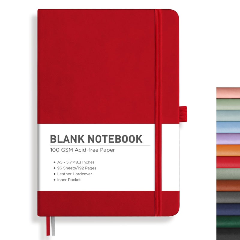 RETTACY Blank Journal Notebook, 192 Pages, A5 Medium Size (5.7'' x 8.3''), Leather Hardcover, 100 GSM Thick Paper, for Sketching, Drawing, Painting (Red) - Image 1