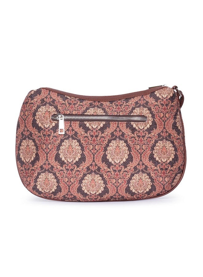ZOUK حقيبة زوك جودبور مزخرفة بطبعة دماسكية للنساء من جلد نباتي بني مع إغلاق بسحاب - Image 3