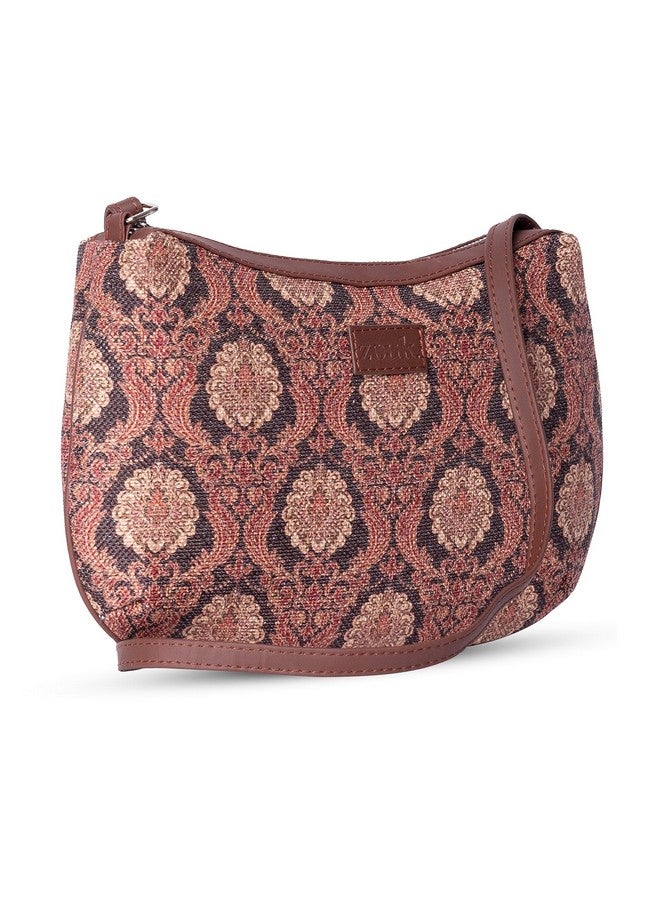 ZOUK حقيبة زوك جودبور مزخرفة بطبعة دماسكية للنساء من جلد نباتي بني مع إغلاق بسحاب - Image 2
