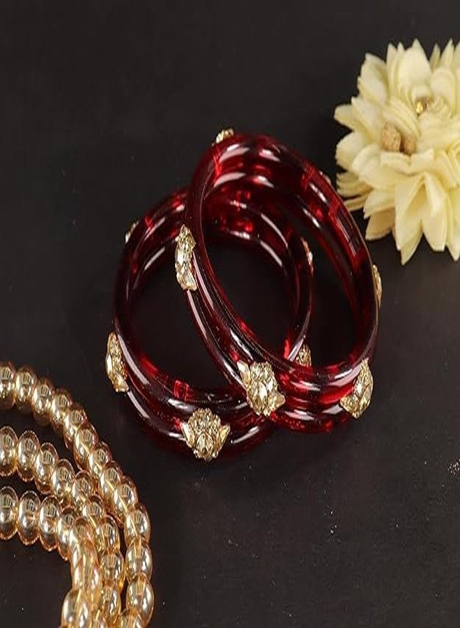 BANGLESKART Diamond Glass Bangles Crystal Kada Set For Women & Girls Adorned with Golden Zircon Stones Trending Girls Bangles Bracelet Transparent Chudi Kangan For Wedding, Party, Daily, Ethnic-Set of 2 Red - Image 3