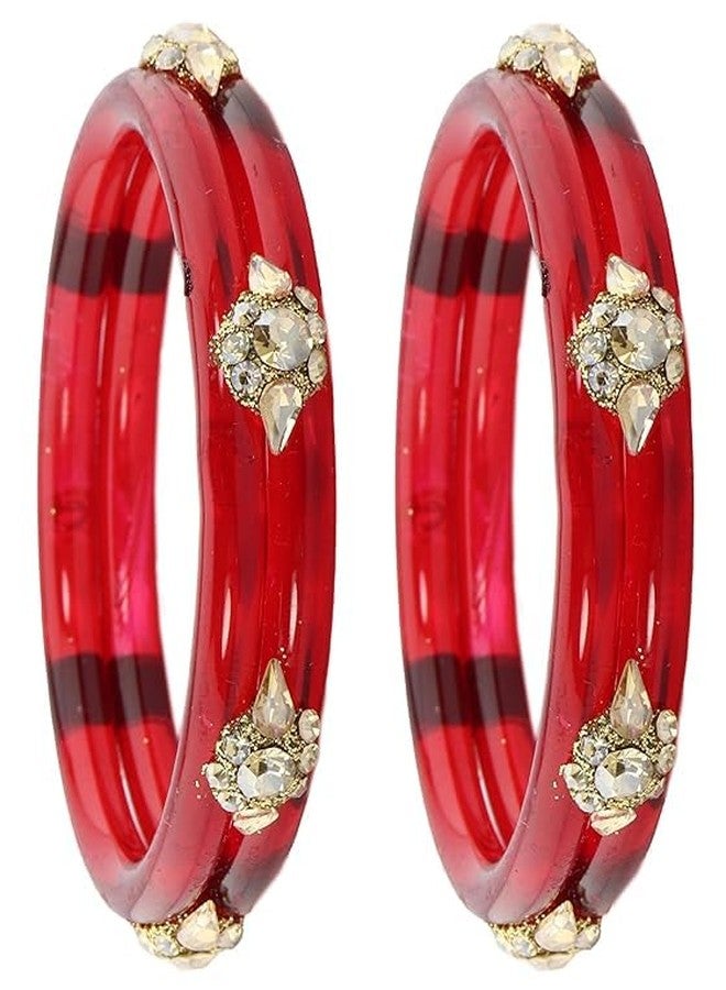 BANGLESKART Diamond Glass Bangles Crystal Kada Set For Women & Girls Adorned with Golden Zircon Stones Trending Girls Bangles Bracelet Transparent Chudi Kangan For Wedding, Party, Daily, Ethnic-Set of 2 Red - Image 1