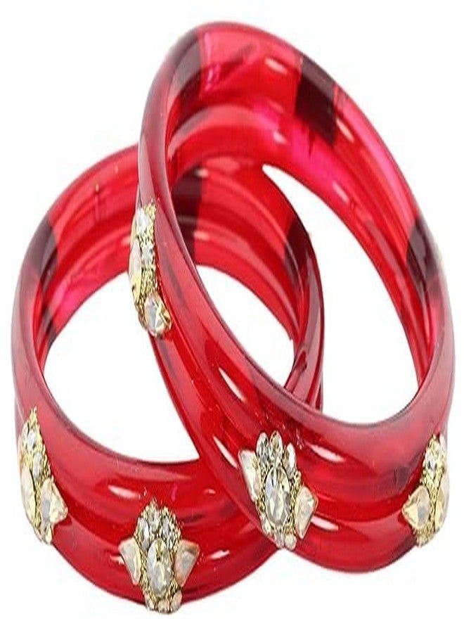 BANGLESKART Diamond Glass Bangles Crystal Kada Set For Women & Girls Adorned with Golden Zircon Stones Trending Girls Bangles Bracelet Transparent Chudi Kangan For Wedding, Party, Daily, Ethnic-Set of 2 Red - Image 4
