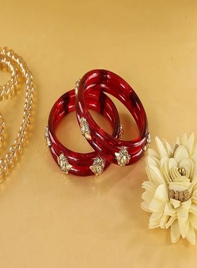 BANGLESKART Diamond Glass Bangles Crystal Kada Set For Women & Girls Adorned with Golden Zircon Stones Trending Girls Bangles Bracelet Transparent Chudi Kangan For Wedding, Party, Daily, Ethnic-Set of 2 Red - Image 2