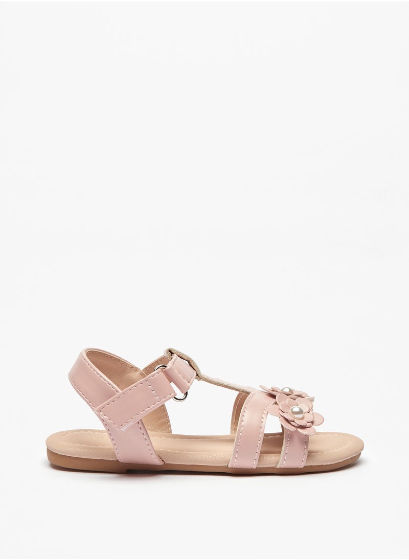 Flora Bella By Shoexpress Girls Pearl Studded Floral Applique Strap Sandals with Hook and Loop Closure  - Image 1