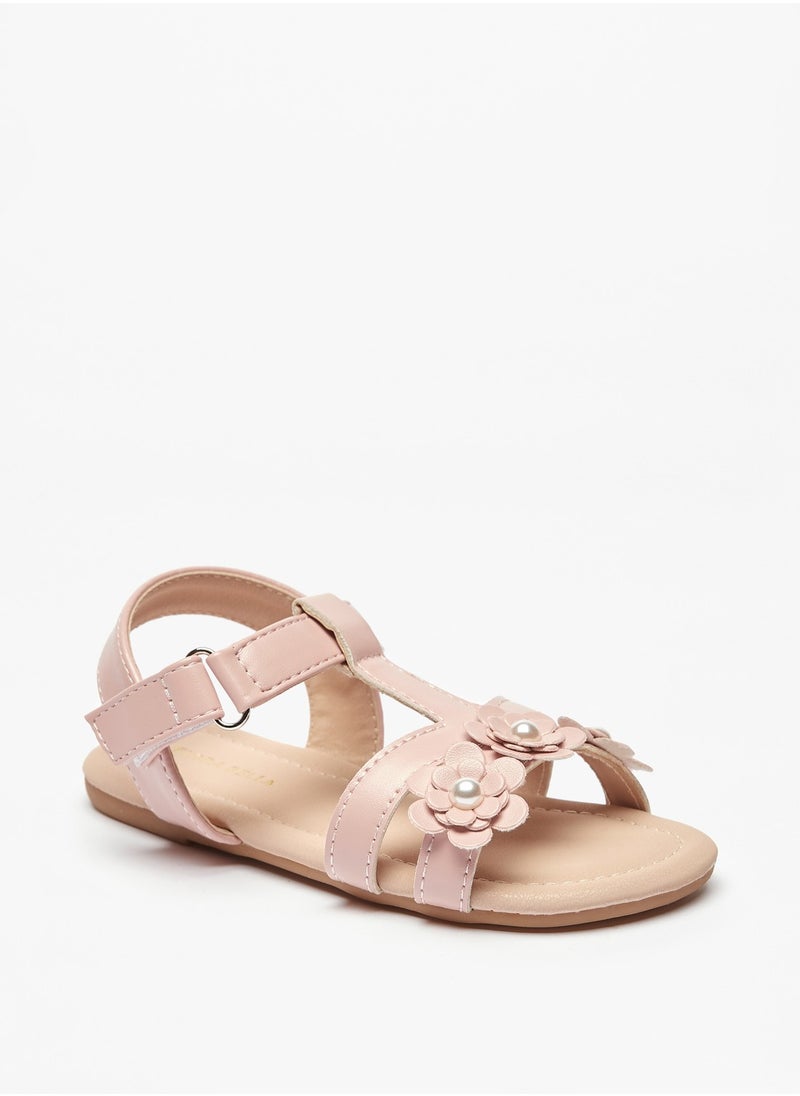 Flora Bella By Shoexpress Girls Pearl Studded Floral Applique Strap Sandals with Hook and Loop Closure  - Image 3