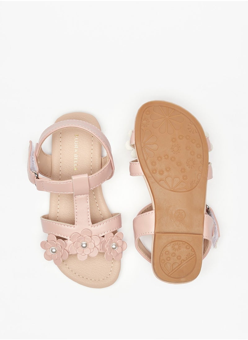 Flora Bella By Shoexpress Girls Pearl Studded Floral Applique Strap Sandals with Hook and Loop Closure  - Image 4