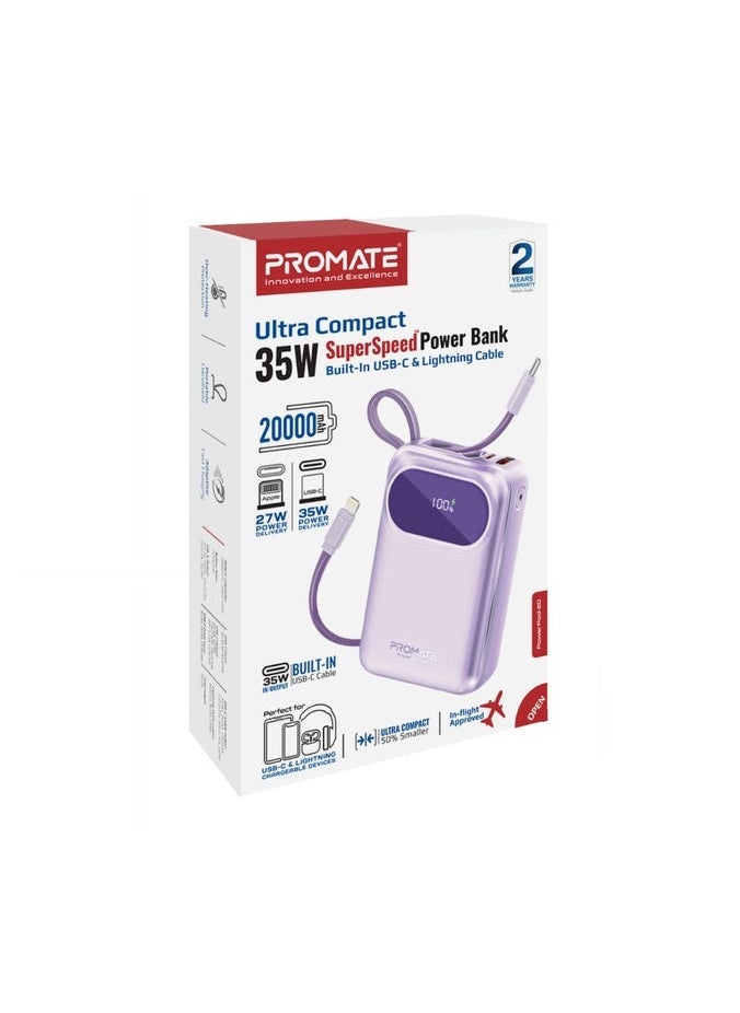 Promats Promate PowerPod-20 Ultra Compact 35W SuperSpeed™ Power Bank with Built-In USB-C & Lightning Cable  - Image 4