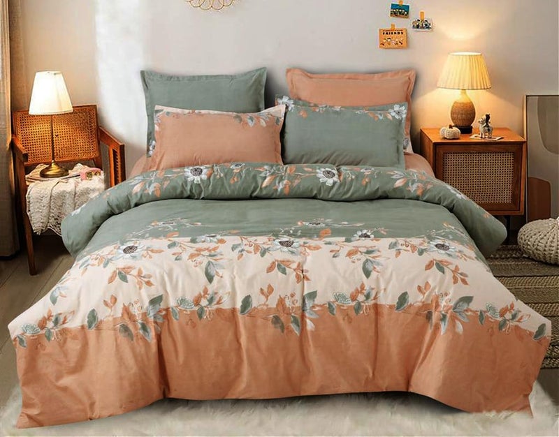 Ship Smart Polycotton Double Bed Bedsheet, Flat Sheet with 2 Pillow Covers, Queen (90x100 inch), 300 TC, Green & Orange, Set of 3 - Image 1