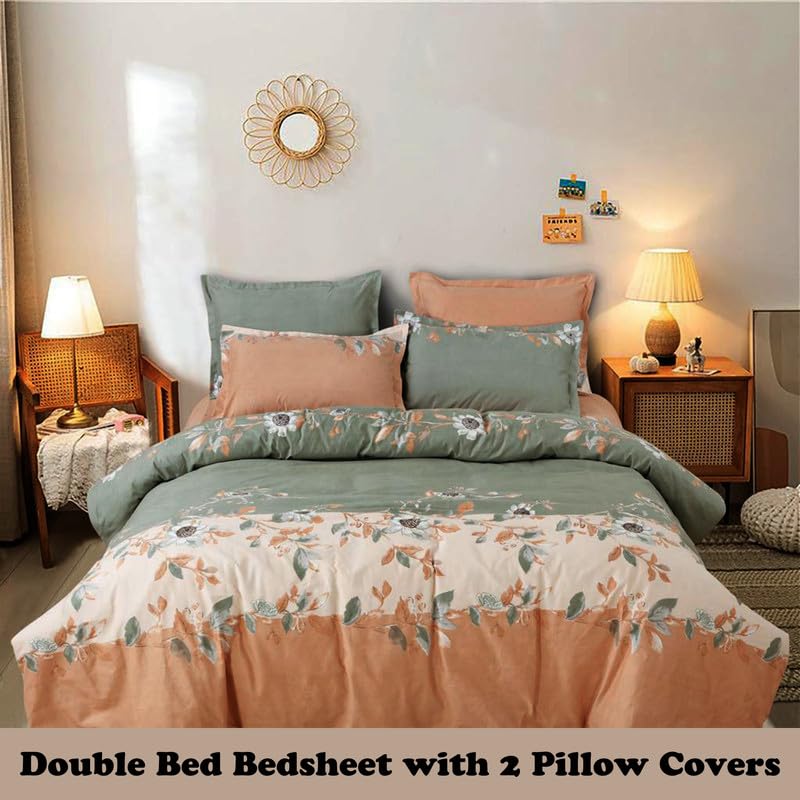 Ship Smart Polycotton Double Bed Bedsheet, Flat Sheet with 2 Pillow Covers, Queen (90x100 inch), 300 TC, Green & Orange, Set of 3 - Image 2