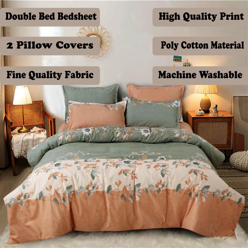 Ship Smart Polycotton Double Bed Bedsheet, Flat Sheet with 2 Pillow Covers, Queen (90x100 inch), 300 TC, Green & Orange, Set of 3 - Image 4