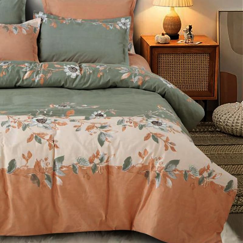Ship Smart Polycotton Double Bed Bedsheet, Flat Sheet with 2 Pillow Covers, Queen (90x100 inch), 300 TC, Green & Orange, Set of 3 - Image 3