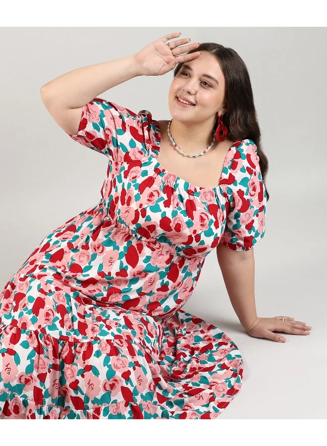 Instafab Plus Women's Crimson Red & White Rose Cluster Dress For Casual Wear | Square Neck | Short Sleeve | Pull On Closure | Dress Crafted With Comfort Fit For Everyday Wear