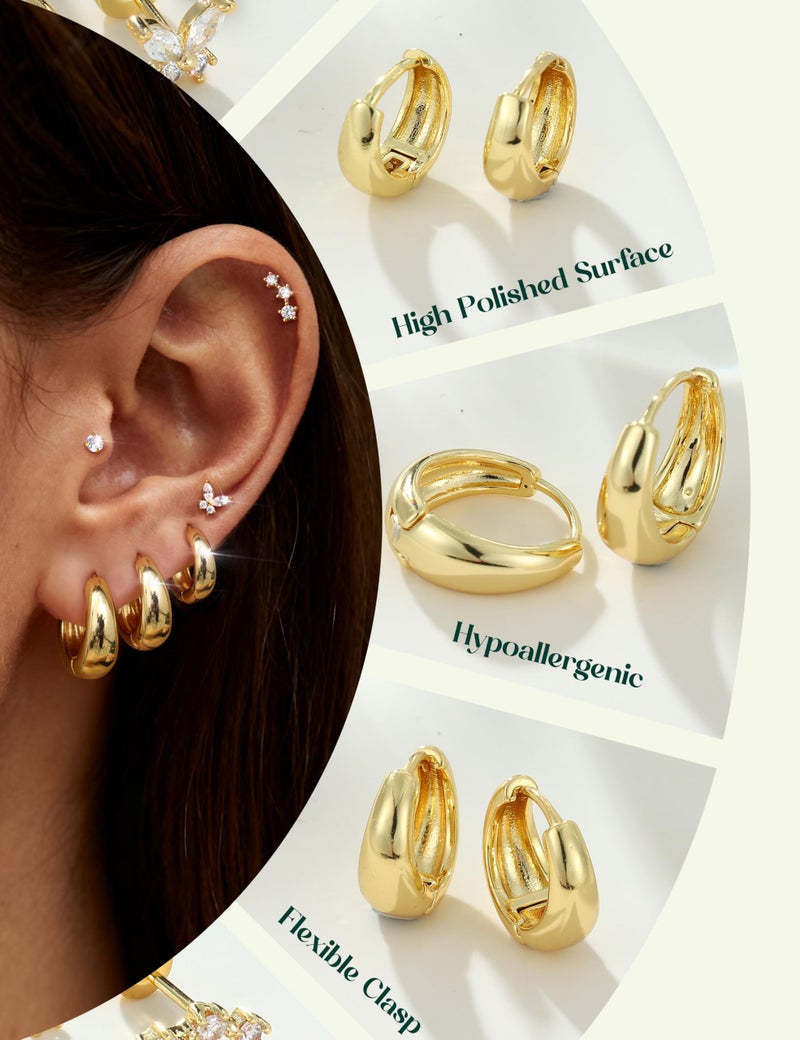 ADRAMATA Hypoallergenic Gold Hoop Earrings Stack for Women - 7Pairs Surgical Steel Small Chunky Huggie & Flat Back Stud Earrings Set Cartilage Jewelry Trendy Christmas Gifts Chunky - Image 5