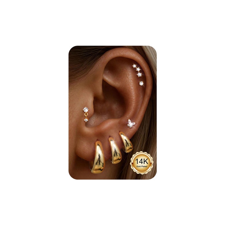 ADRAMATA Hypoallergenic Gold Hoop Earrings Stack for Women - 7Pairs Surgical Steel Small Chunky Huggie & Flat Back Stud Earrings Set Cartilage Jewelry Trendy Christmas Gifts Chunky - Image 1