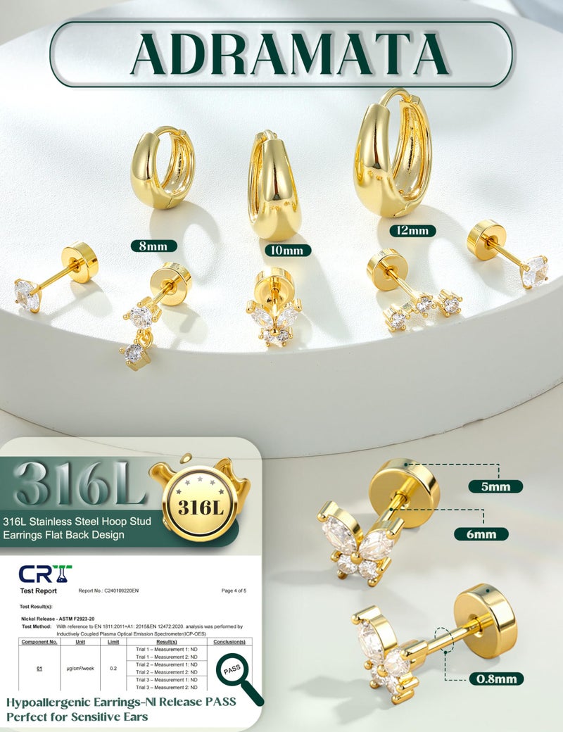 ADRAMATA Hypoallergenic Gold Hoop Earrings Stack for Women - 7Pairs Surgical Steel Small Chunky Huggie & Flat Back Stud Earrings Set Cartilage Jewelry Trendy Christmas Gifts Chunky - Image 2