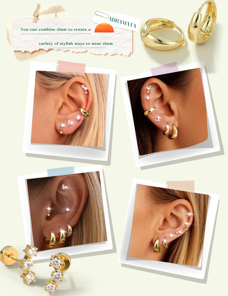 ADRAMATA Hypoallergenic Gold Hoop Earrings Stack for Women - 7Pairs Surgical Steel Small Chunky Huggie & Flat Back Stud Earrings Set Cartilage Jewelry Trendy Christmas Gifts Chunky - Image 4