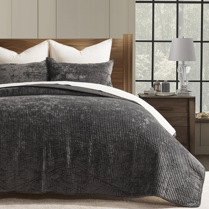 EVERGRACE Velvet Quilt Set King Size, Luxurious Soft Quilted Bedding Sets, Lightweight Velvet Comforter for All Season, Striped Channel Bedspread Coverlet with 2 Shams, Washed Black - Image 1