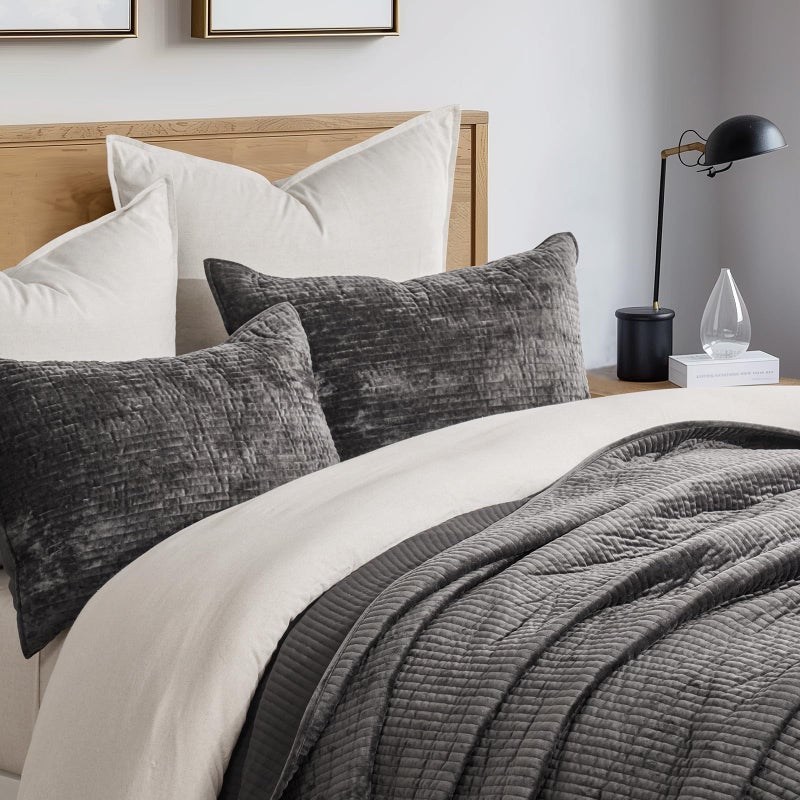 EVERGRACE Velvet Quilt Set King Size, Luxurious Soft Quilted Bedding Sets, Lightweight Velvet Comforter for All Season, Striped Channel Bedspread Coverlet with 2 Shams, Washed Black - Image 2