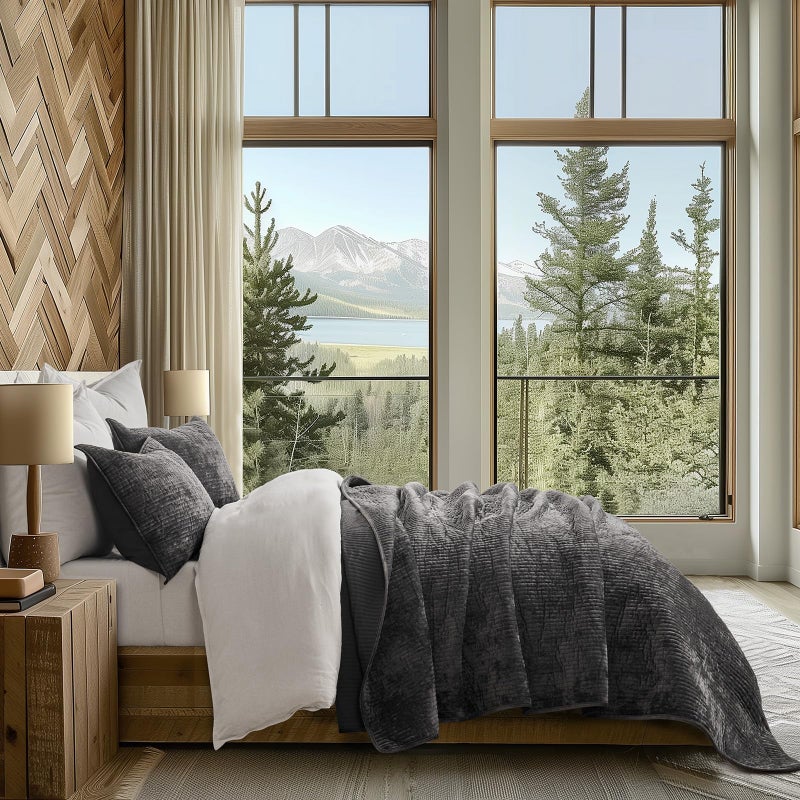 EVERGRACE Velvet Quilt Set King Size, Luxurious Soft Quilted Bedding Sets, Lightweight Velvet Comforter for All Season, Striped Channel Bedspread Coverlet with 2 Shams, Washed Black - Image 3