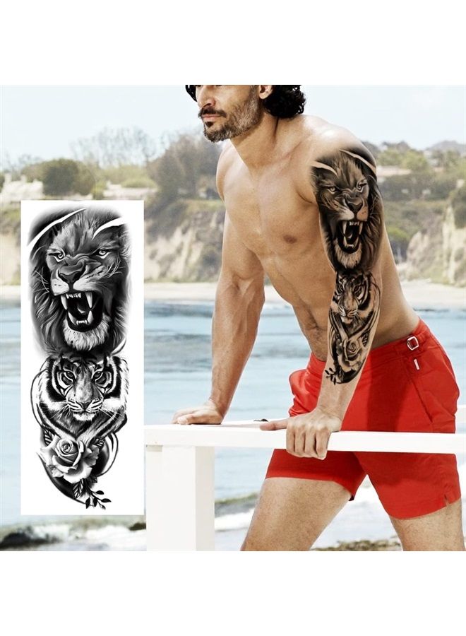 Animal Temporary Tattoo Sleeve, 8-Sheet Large Temporary Tattoos Women Full Sleeve Temporary Tattoos, Wolf Lion Tiger Tattoos for Adults Men Waterproof