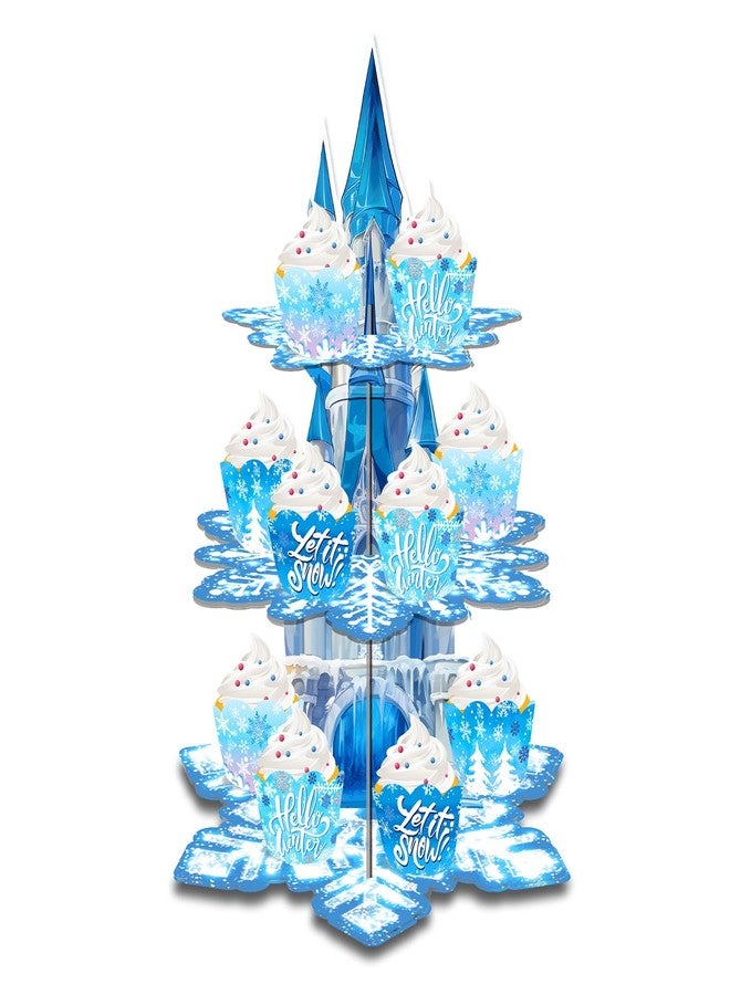 AGANS Snowflake Cake Stand & Topper Set | Birthday Party Decorations for Kids with Cardboard Cupcake Holders | Princess&Ice Theme Party Supplies (Frozen) - Image 2